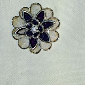 Vintage Black and White Flower Brooch with Crystal in the Middle 1.5ins by 1.5in